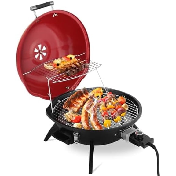 Tabletop Electric Grill with Temperature Control, Electric Countertop BBQ Grill, Portable Double Layer Grill for Indoor & Outdoor Use, 1600W, Red$$Garden & Patio