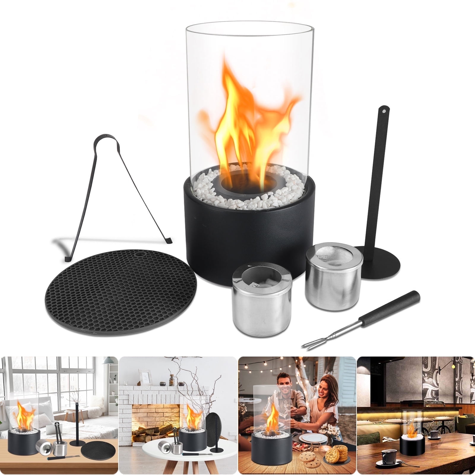 Vintiquewise Cylinder Decor Mini Tabletop Fire Pit, Rubbing Alcohol Fireplace Indoor Outdoor Portable Fire Concrete Round Glass Bowl Pot