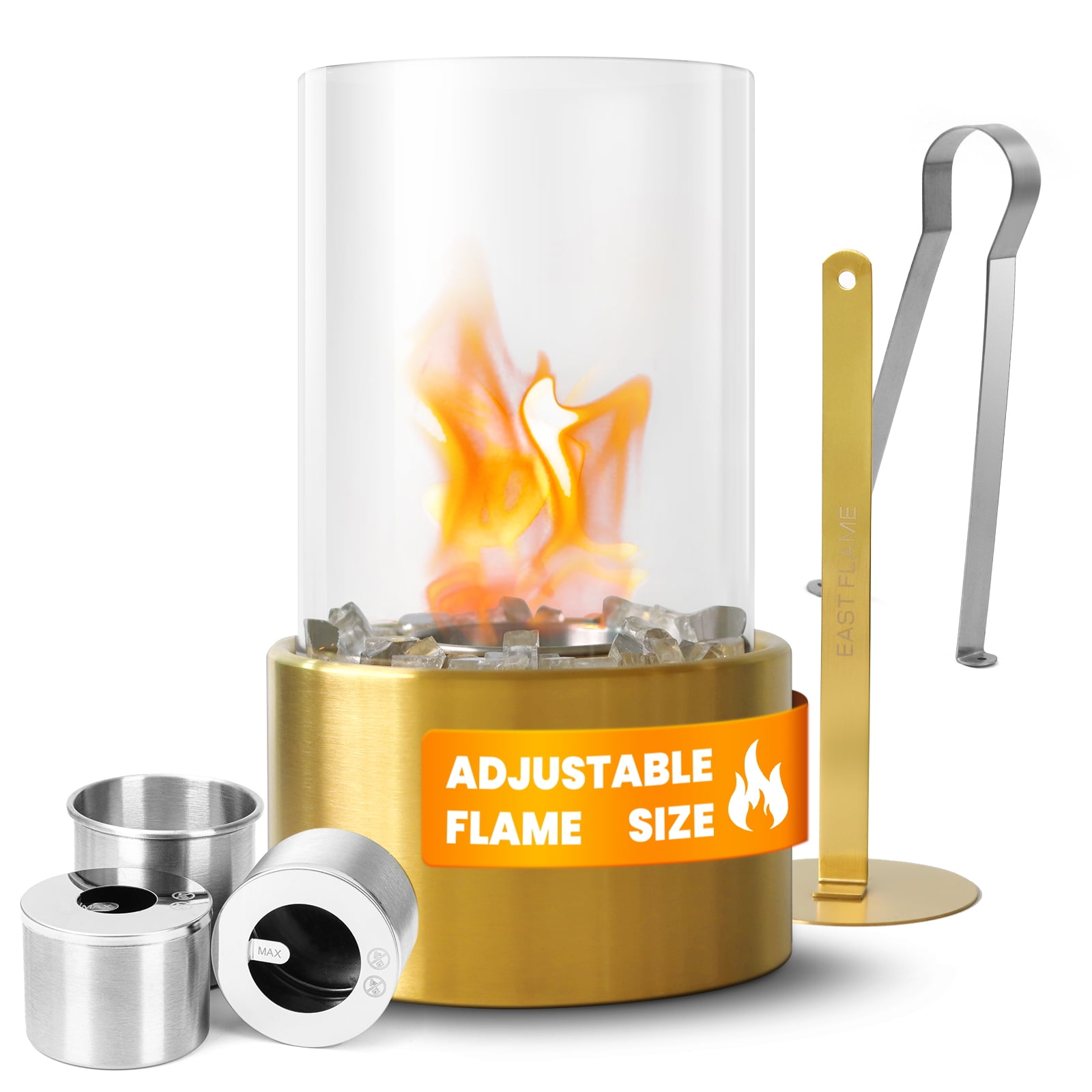 Tabletop Fire Pit-Safer Burning with Windproof Borosilicate Glass Metal Round Fireplace,Home Decor, Gift for Houswarmings, Parties and Weddings-Gold