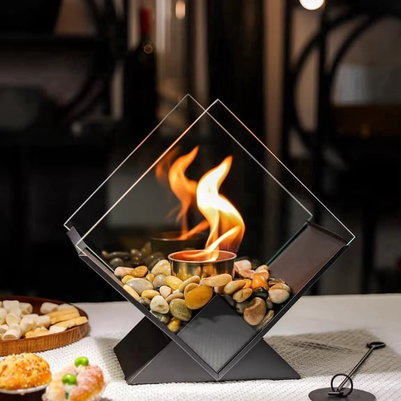 10"H Diamond Glass Large Tabletop Fireplace, Portable Clean Burning Fire Pit for Indoor & Outdoor, Patio Parties Events (Black)