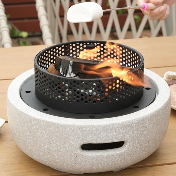 Tabletop Fire Pit Wood/Charcoal Burning Outdoor Fireplace | Mini Round Modern Firepit, Ceramic Look, Smores, Small Heater for Patio/Indoor Decor