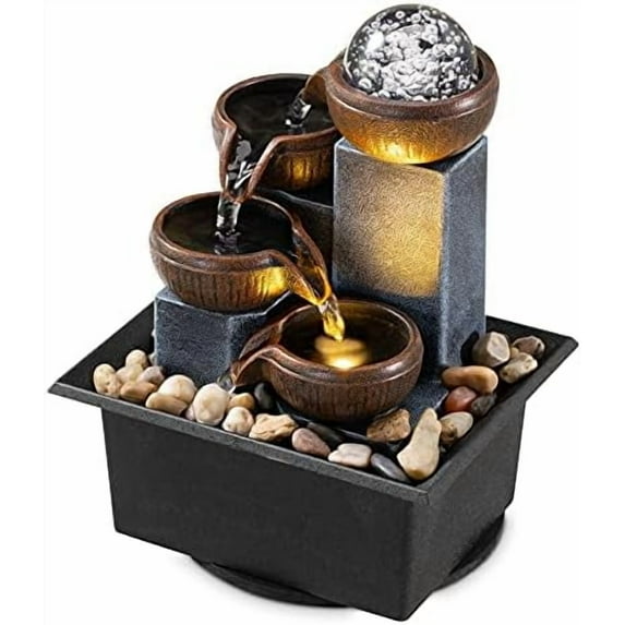 Tabletop Fountain 4 Level Tabletop Waterfall Indoor Meditation Fountain Office Home Relax Desktop Waterfall Pool Includes Many Natural River Rocks LED Lights Fixed Decorative Bubble Ball1