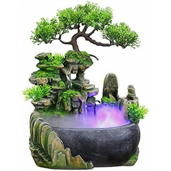 Tabletop Fountain, Atomizing Desktop Humidifier with Rockery & Bonsai, Zen Meditation Indoor Relaxation Waterfall Feature, Illuminated Waterfall Fountain Indoor for Home Office Bedroom Desk Decor