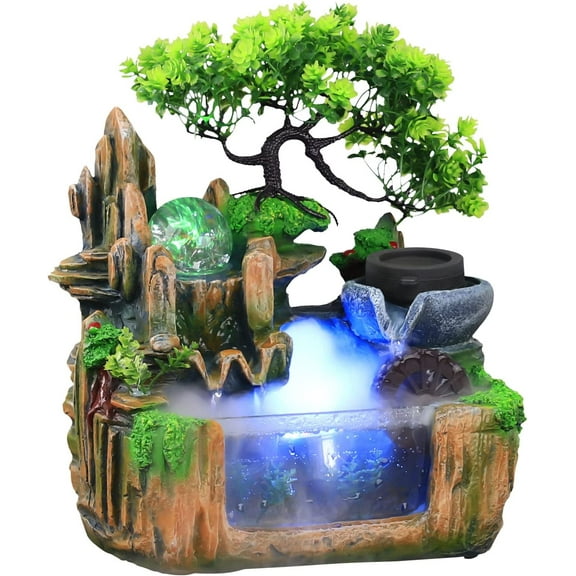 Tabletop Fountain Indoor Relaxation Desktop Fountain Waterfall, Zen Meditation Rockery Crafts Indoor Waterfall with Automatic Pump and Crystal Light for Home Office Bedroom Desk Dc 12LED