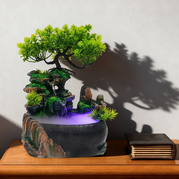 Tabletop Fountain with LED Lights & Atomizer Humidifier 3-Color Changing Resin Waterfall Desk Decor with Feng Shui Wealth Symbolism, Quiet 2W Pump, Air Purifying Mist for Home Office Stress Relief