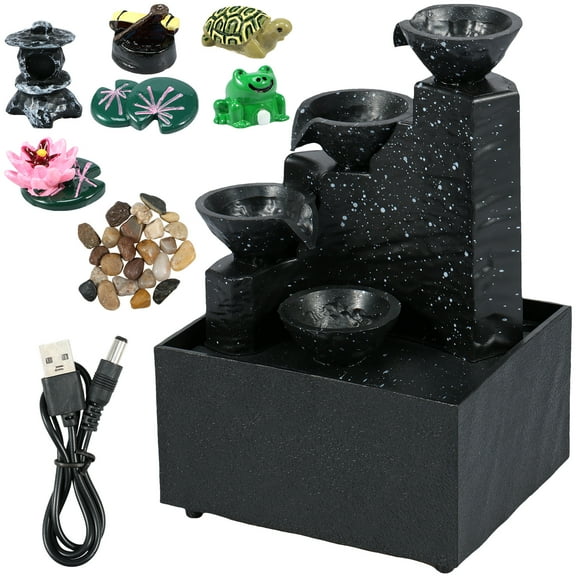 Tabletop Fountain with Light Battery/USB Operated Mini Indoor Water Fountain Feature Zen Meditation Fountain Decor Sound Relaxation Fountain with Microscopic Ornaments for Office Home Bedroom