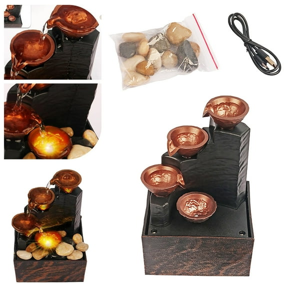 Tabletop Fountain with Lights 6.7x4.4x3.6'' Tabletop Water Fountain with Pebbles USB or Battery Powered Mini Water Fountain with Water Sound for Table Office Home Bedroom, Mini Waterfall