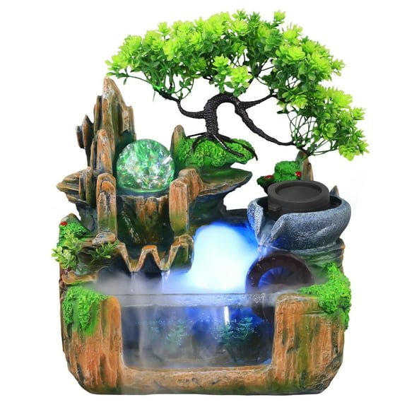 Tabletop Fountain with Atomizer Ice Crack Ball, Resin Indoor Mini Rockery Waterfall Fountain for Home Office Decor