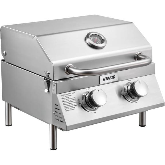Tabletop Gas Grill, 2-Burner Stainless Steel Portable Propane Grill, with Built-in Thermometer, Travel Locks, Weatherproof Lid, 15,000 BTU Total, for Outdoor Cooking, Patio, Party, Camping, RV
