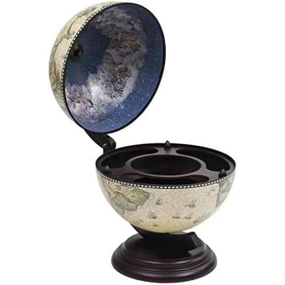 Tabletop Globe Bar Wine Stand Eucalyptus Wood, Replica Globe Bar Cabinet Wine Rack for Dining Room & Living Room, Replica 16th Century Nautical maps Outside,15"x13"x18.9" Green and Brown$$Furniture