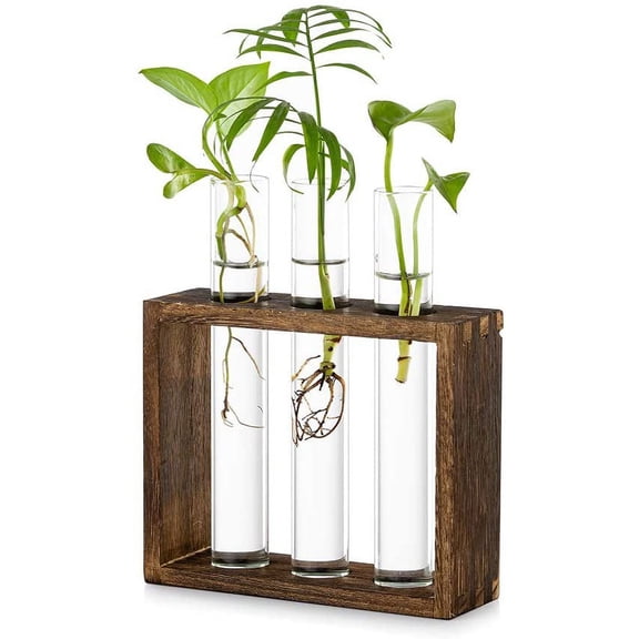 Tabletop Hanging Glass Planter Propagation Station Modern 3 Test Tube Flower Bud Vase In Wood Stand Rack Tabletop Terrarium For Hydroponic Plants Cuttings Office Home Decoration,-Dark -Tabletop