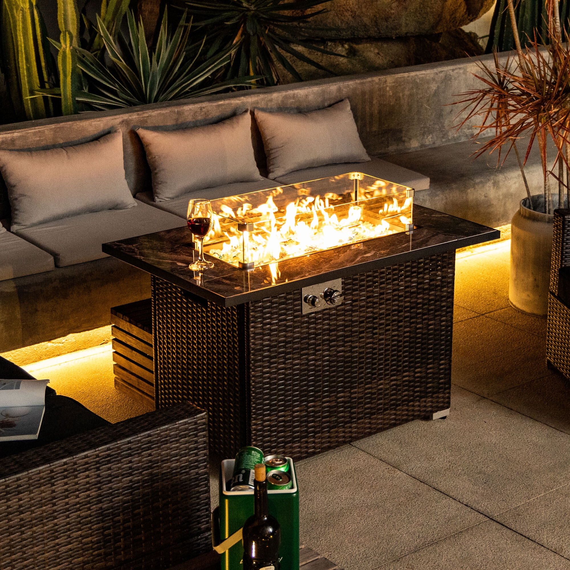 Tabletop Heater, 44" Propane Gas Fire Pit Table, 50000 BTU Rectangular Fire Pit, Tile Tabletop with Beautiful Wicker Base for Outside Patio Deck Garden Courtyard-Brown, Espresso Patio Heater