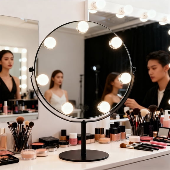 Tabletop Hollywood Mirror with Lights, 11.8"x17" Lighted Makeup Mirror for Vanity with 7 LED Bulbs, 3 Lighting Modes, Dimmable & 360° Rotation, Ideal for Dressing Room & Makeup Studio (Black)