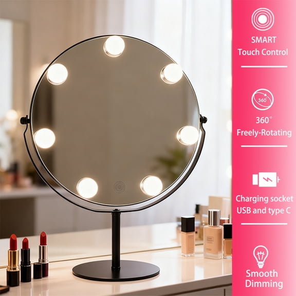Hollywood Vanity Makeup Mirror with Lights, 11.8"x17" inch, 7 LED Bulbs, 3 Lighting Modes, Dimming Touch Sensor, 360° Rotation,Metal, Black