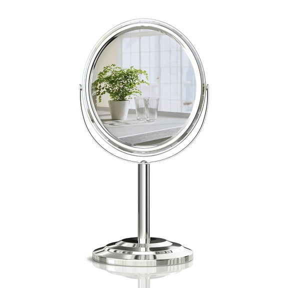 Tabletop Makeup Mirror, Pinkzio Two Sided 1X & 3X Magnifying Mirror, Magnified Vanity Mirror with 360 Degree Swivel for Bathroom or Bedroom, Chrome Finish, Silver