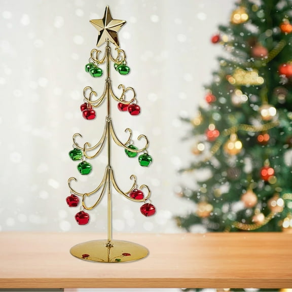 Tabletop Metal Christmas Tree, Star Tree Iron Ornament Display Stand, 12 Inch Desktop Decorations Mini Xmas Tree, Bell Hanging Ornament Decoration Tree