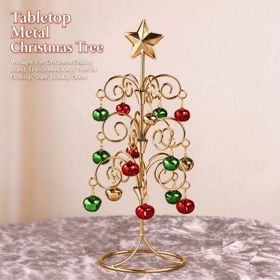 Tabletop Metal Christmas Tree, Wrought Iron Ornament Display Stand, 11 Inch Mini Xmas Tree for Desktop, Shelf, Holiday Decor