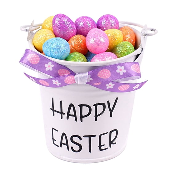 Tabletop Metal Easter Egg Bucket Decor 3.94in Happy Easter Spring Desk Shelf Decorations