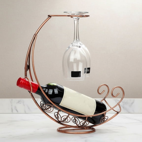 Tabletop Metal Wine Bottle Rack Elevated Vertical Countertop Wine Glass Display Organizer, Dining Table Offers Wine Glasses as Gifts, Holds 1 Bottle 2 Glasses, Plating Craft Bronze