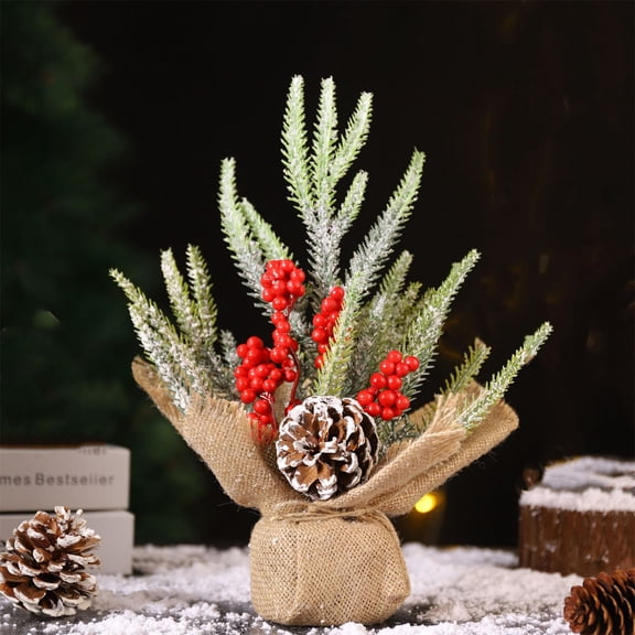 Tabletop Mini Christmas Tree,Bexikou Small Artificial Xmas Tree, Christmas Tree with Red Berries Burlap Base Pine Branches Artificial Trees Indoor Home Decor Gifts