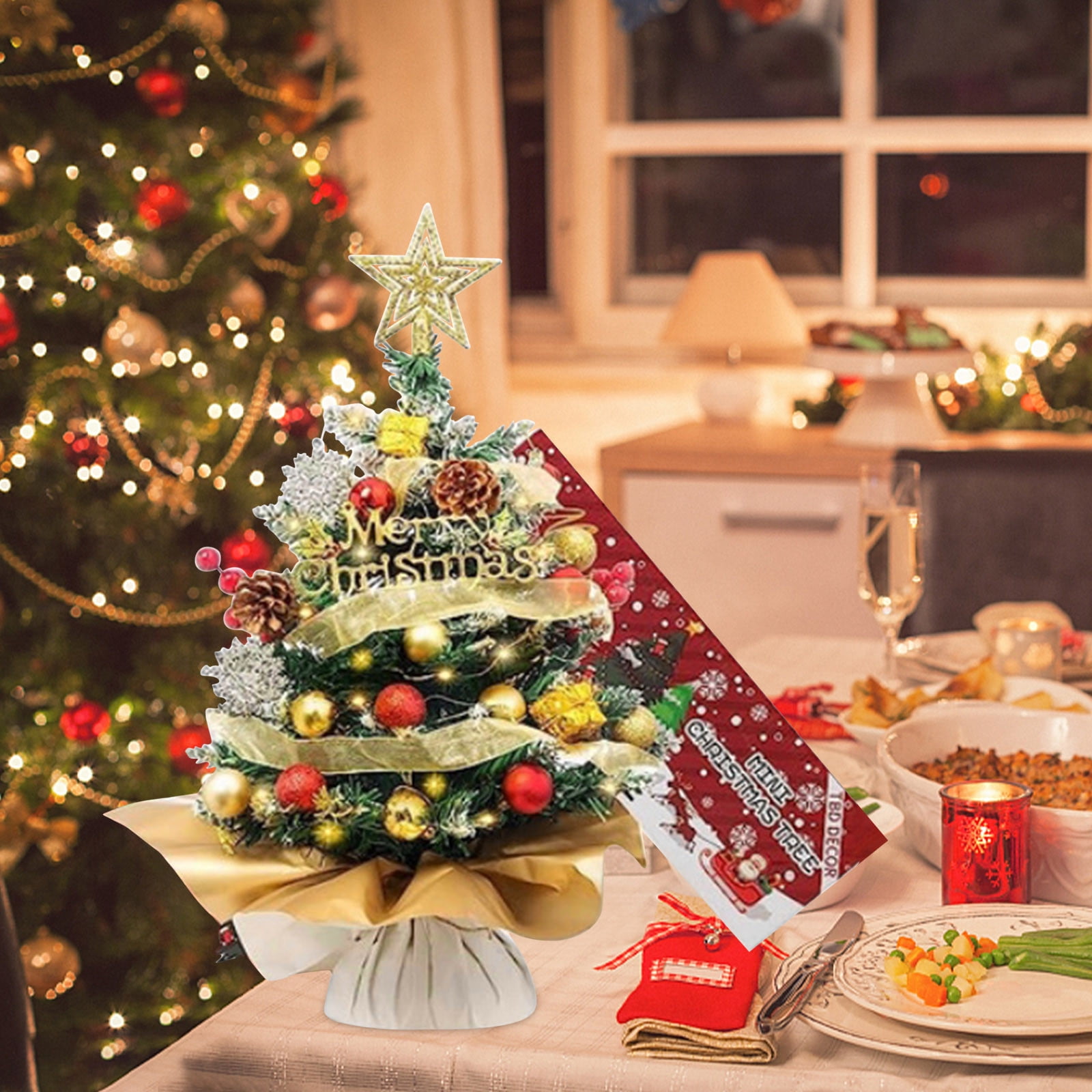 Tabletop Mini Christmas Tree Set With Clear LED Lights, Star Treetop