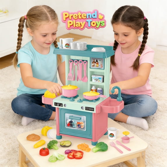 Tabletop Mini Kitchen Pretend Play Toys, Kids Toddler Simulation Cooking Playset with Stove Oven Sink Pots Pans Fake Tableware,Learning Toy, Imaginative Chef Role Play Kit for Boys Girls Ages 3+,Blue