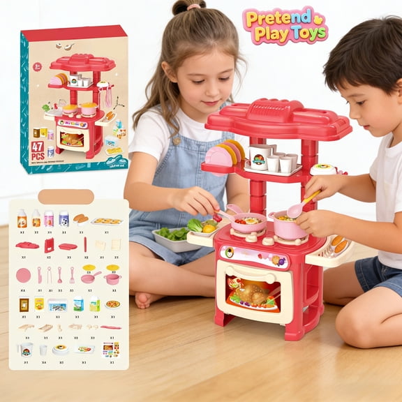 Tabletop Mini Kitchen Pretend Play Toys, Kids Toddler Simulation Cooking Playset with Stove Oven Sink Pots Pans Fake Tableware,Learning Toy, Imaginative Chef Role Play Kit for Boys Girls Ages 3+,Red