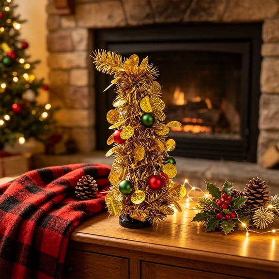 Tabletop Mini Tinsel Christmas Tree, Pre‑Decorated Small Desktop Xmas Ornament, With Ball Ornament Accents, For Counter, Tiered Tray and Compact‑Space Seasonal Displays