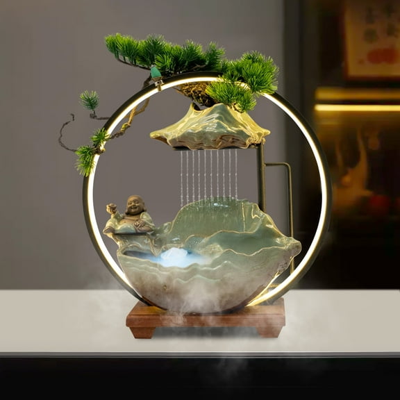 Tabletop Mist Water Fountain with LED Strip, Indoor Landscape Rockery Ornament Gift