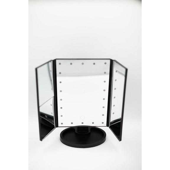 Tabletop Mount Trifold Lighted Vanity Mirror with 22 LED Lights, Touch Screen and 3X/2X Magnification, Two Power Supply Mode Make up Mirror, Travel Mirror