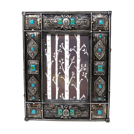 Tabletop Photo Frame with Unique Southwestern Pattern | Turquoise Gem Accents | Western Decrorative Picture Frame | Rustic Turquoise and Silver Home Decor