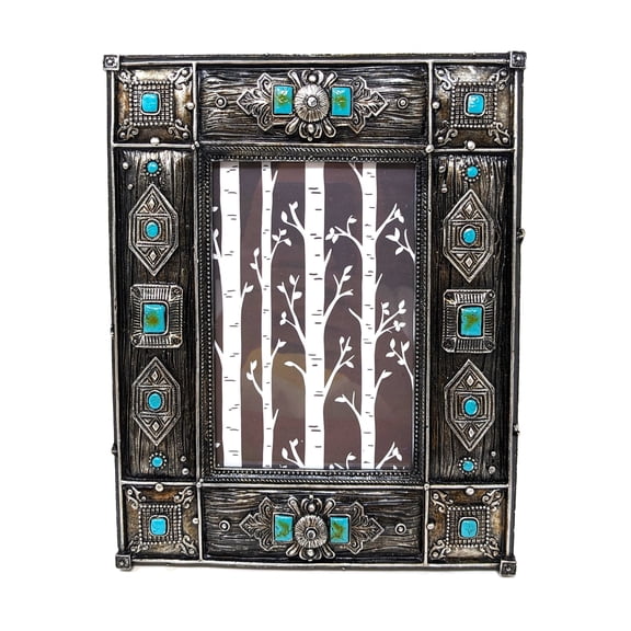Tabletop Photo Frame with Unique Southwestern Pattern | Turquoise Gem Accents | Western Decrorative Picture Frame | Rustic Turquoise and Silver  Home Decor