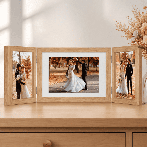 Tabletop Picture Frame Wood Trifold Hinged Photo Frame with 3 Openings, Table decor Family Picture Collage, with Real Glass 19.4" x 6.8"