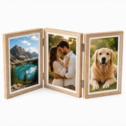 Tabletop Picture Frame Wood Trifold Hinged Photo Frame with 3 Openings, Table decor Family Picture Collage, with Real Glass 4" x 6" Beige
