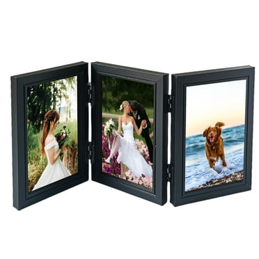 Tabletop Picture Frame Wood Trifold Hinged Photo Frame with 3 Openings, Table decor Family Picture Collage, with Real Glass 4" x 6" Black
