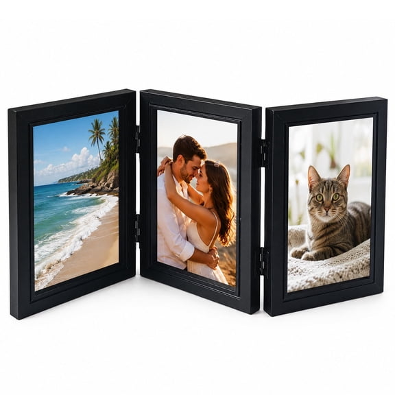 Tabletop Picture Frame Wood Trifold Hinged Photo Frame with 3 Openings, Table decor Family Picture Collage, with Real Glass 4" x 6" Black