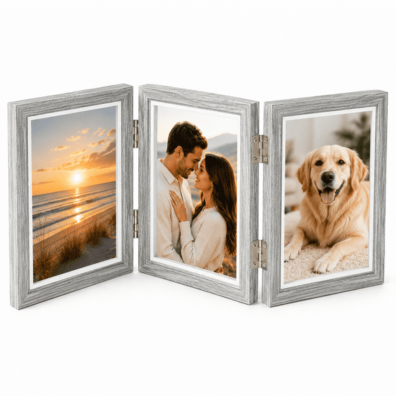 Tabletop Picture Frame Wood Trifold Hinged Photo Frame with 3 Openings, Table decor Family Picture Collage, with Real Glass 4" x 6" Grey