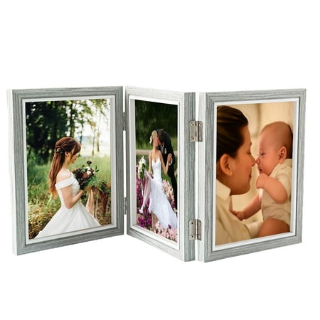 Tabletop Picture Frame Wood Trifold Hinged Photo Frame with 3 Openings, Table decor Family Picture Collage, with Real Glass 4" x 6" Grey