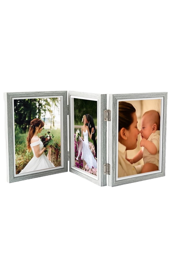 Tabletop Picture Frame Wood Trifold Hinged Photo Frame with 3 Openings, Table decor Family Picture Collage, with Real Glass 4" x 6" Grey