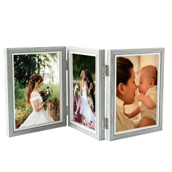 Tabletop Picture Frame Wood Trifold Hinged Photo Frame with 3 Openings, Table decor Family Picture Collage, with Real Glass 4" x 6" Grey