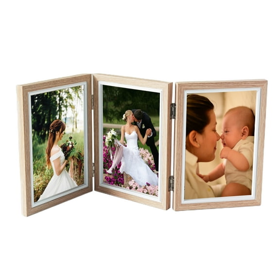 Tabletop Picture Frame Wood Trifold Hinged Photo Frame with 3 Openings, Table decor Family Picture Collage, with Real Glass 5" x 7" Beige