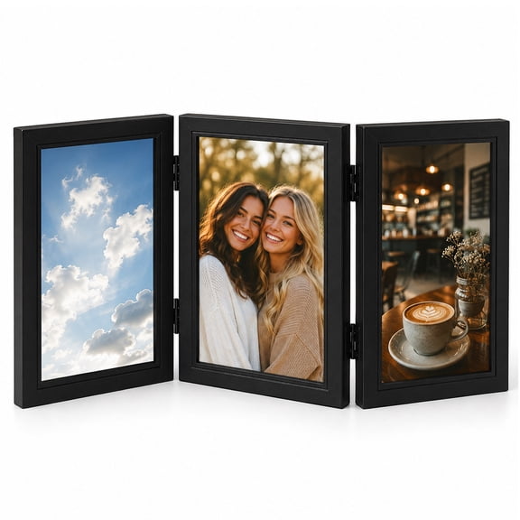 Tabletop Picture Frame Wood Trifold Hinged Photo Frame with 3 Openings, Table decor Family Picture Collage, with Real Glass 5" x 7" Black