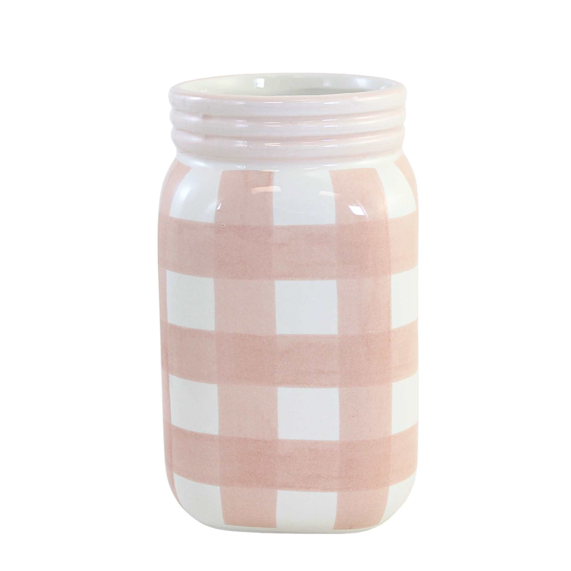 Tabletop Plaid Container Jar Dolomite Planter Utensil Holder A7000 Pink