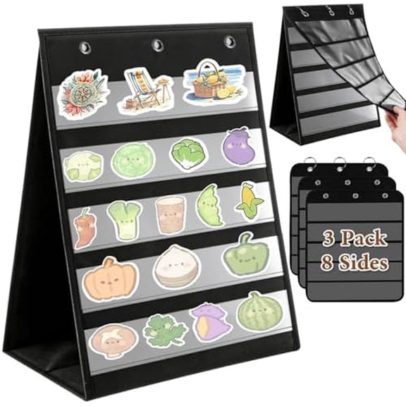 Tabletop Pocket Chart 14x17 Inch - 3 Page Flip Design 8 Sides Portable Sticker Display Stand Oxford Fabric Teaching Organizer for Classroom, Homeschool & Teacher Supplies(Patent Pending)$$Office