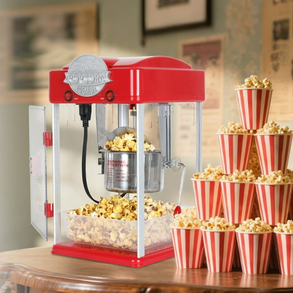 Tabletop Popcorn Machine, Popcorn Maker With 6 Oz Stainless-Steel Kettle, Measuring Tool and Popcorn Scoop, for Home, Family, Movie Night, Red