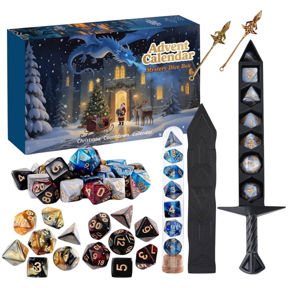 Tabletop RPG Dice Advent Calendar, 24-Day Holiday Countdown with Mystery Polyhedral Dice, Accessories & Decor for TTRPG Fans