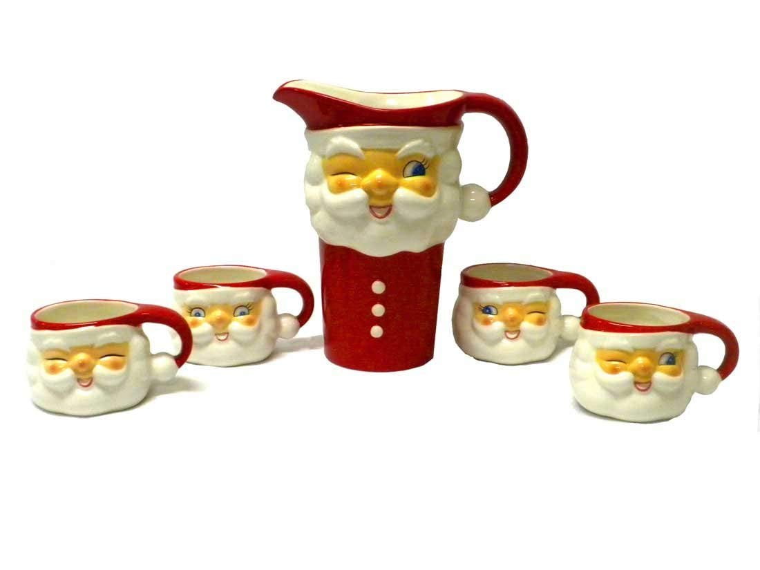 Tabletop Santa Pitcher And Cups Ceramic Christmas Kitchen Drink Sa0062 ...