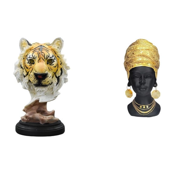 Tabletop Sculpture Tiger Head Statue African Woman Resin Material Suitable for Living Room Office Decor