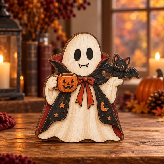 Tabletop Sign, 3 Layer Halloween Vampire Ghost, Wooden Shelf Accent for Spooky Season
