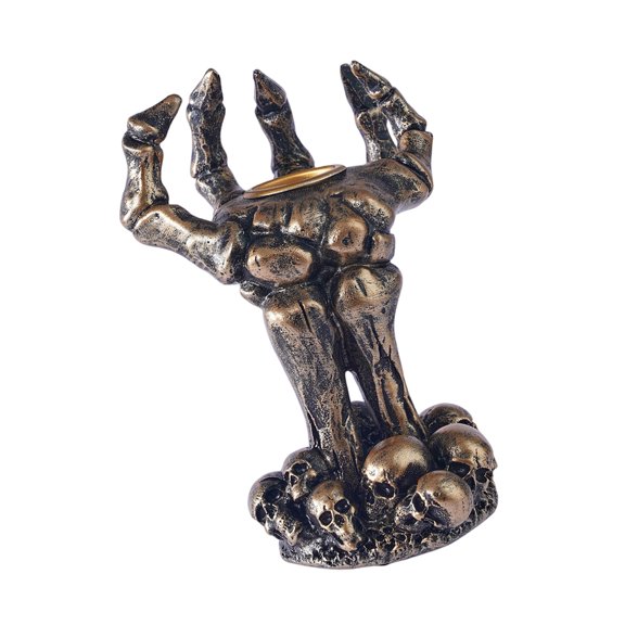 Tabletop Skeleton Hand Holder Resin Gothic Accent for Halloween, Skull Base Decor for Mantel, Shelf, or Console